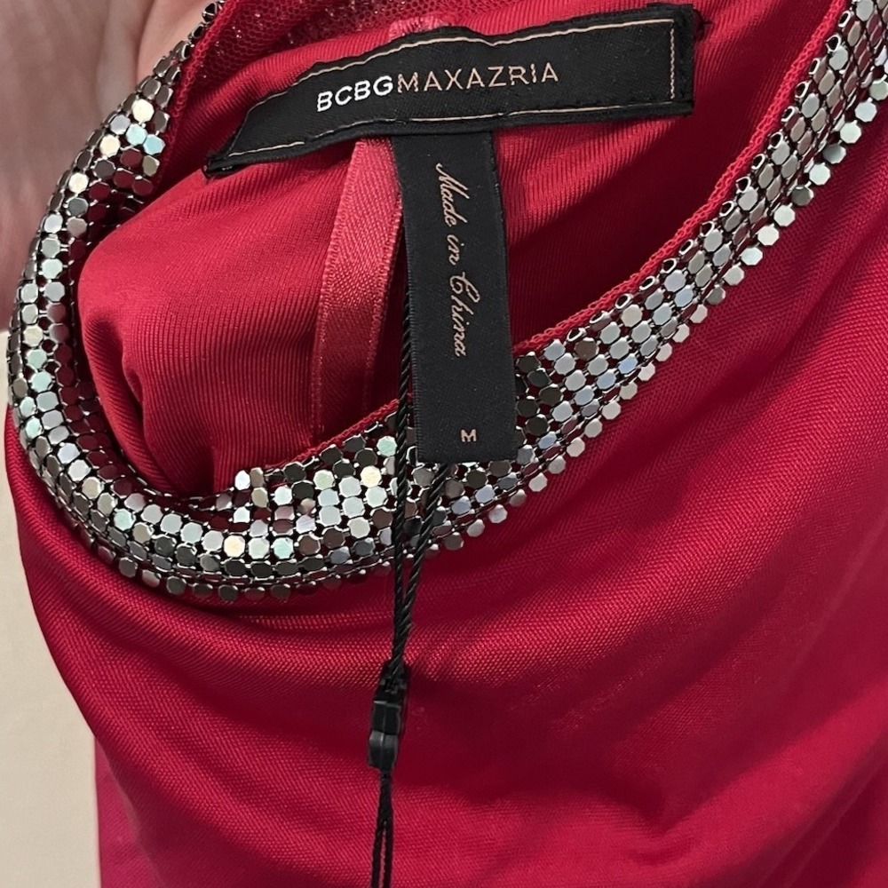 bcbg maxazria dress Womens M Y2K Red Chainmail Castle Core Open Back Glam Silver - Picture 8 of 12